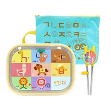 LE BARN 韓文動物字母餐具組, 混色, 不鏽鋼餐盤+便當袋+學習筷, 1組