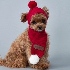 DOG-i 狗狗針織毛球帽+圍巾組, 紅色