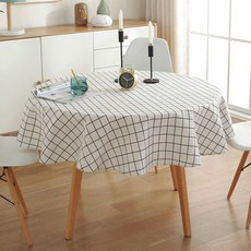 現代廚房亞麻圓形桌布, 白色格紋, 120 x 120cm