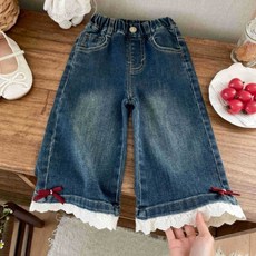 EYOUMONG 兒童寬版牛仔蕾絲荷葉邊蝴蝶結長褲 E6S279