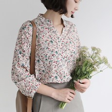 BBAEBBAE 女性花卉開衩領抓皺七分袖上衣