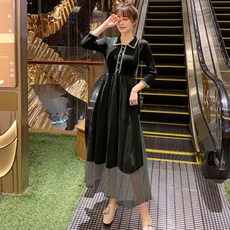 翻領網紗拼接長袖孕婦連身裙