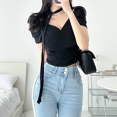 글램디브 여성용 러니른 퍼프 끈 골지 티셔츠 AF0570