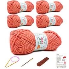 행복뜨기 아이키드 뜨개실 5p + 뜨개 줄바늘 6mm + 돗바늘 + 가죽 라벨 + 목도리 도안 세트, 763 자몽 + 핑크(뜨개실), 1세트