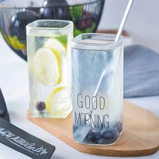 French Mars 早安字母方形透明簡約玻璃杯 400ml 2入組 FM182, 1套, 白色, 黑色