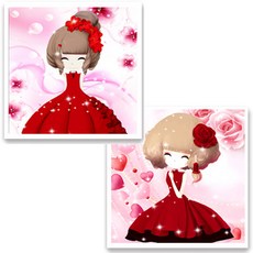 帆布型寶石十字繡DIY 2款 + 畫框, 紅衣少女 + 玫瑰少女, 1套
