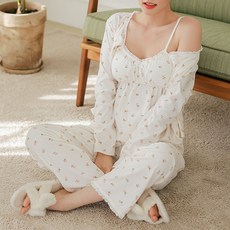 GLAM GONGGAM 女款花朵針織開襟衫 + 上衣 + 下身睡衣套裝