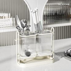 CUSSO 透明條紋雙格瀝水餐具筒 19.5 x 17 x 9 cm, A 透明白色, 1個