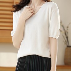 Daysoy 女款半泡泡袖V領短袖針織衫