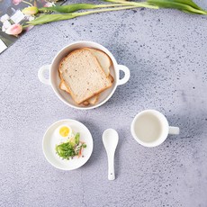 PRELUDE Lilloise 圓形焗烤麵包和馬克杯套組 1 件 4 件, 白色的, 烤麵包 + 盤子 + 勺子 + 馬克杯