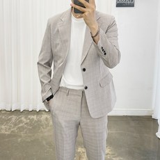 아도르클래식 남성용 무스 글랜 체크 반밴딩 한여름 봄 가을 캐주얼 스판 정장 세트