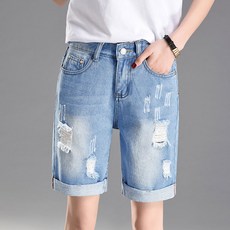 MarketA 女性復古後鬆緊帶五分牛仔褲 R