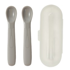warmly 嬰兒矽膠副食品湯匙 第2階段 大尺寸 2入 + 附盒組, 1套, 灰色(湯匙)