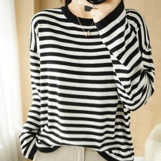 솔레일 여성용 루즈핏 스트라이프 크루넥 컬러 블록 니트