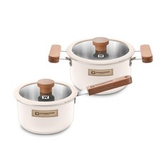 Bargensteiger Ribbling IH 不銹鋼鍋套裝 2ea, 象牙白色, 單柄湯鍋18cm(附鍋蓋)+雙耳湯鍋20cm(附鍋蓋), 1組