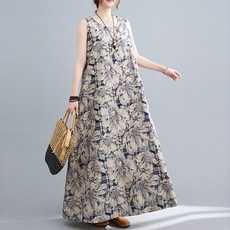 lemon soul 大尺碼花紋長連衣裙, 藍色