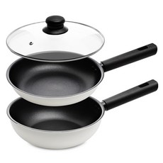 Sisem 電磁爐適用多功能平底鍋套組 3件, 乳白色, 1組, 平底鍋 22cm+炒鍋 22cm+玻璃鍋蓋