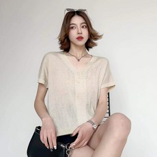 더시럽 여성용 브이넥 트윙클 니트 반팔