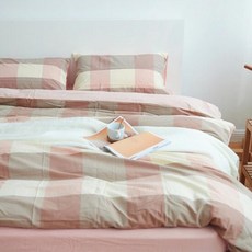 小雄媽 水洗棉床包 - 大格紋 橘粉色, 床墊套 + 枕套組, 雙人加大(186 x 180cm)