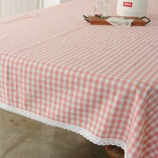 Gingham格紋蕾絲滾邊桌布, 杏粉色, 長方形4人座(130 x 180 cm)