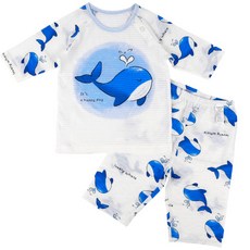 Maykids 童款印花竹節棉2件式7分袖套裝 噴水鯨魚款