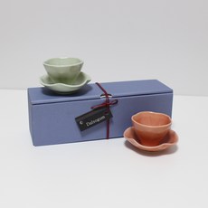 月鹽 韓國製 陶瓷 茶具 花瓣茶杯 禮物組, 1套, 04 綠色, 珊瑚色