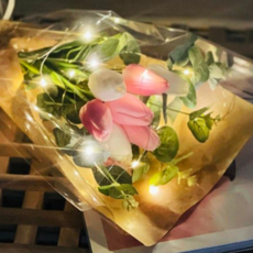 Lovely Farm 感性鬱金香花束 + LED燈飾, 粉紅色 + 白色, 1個