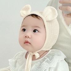 우주아이 신생아용 패턴 곰돌이귀 모자