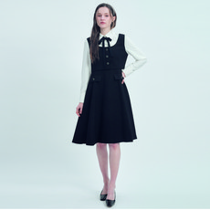 OLIVE DES OLIVE 女款蝴蝶結領拼色袖粗花呢洋裝, BLACK