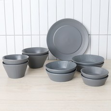 Bloom at home Stricia 2人餐具家庭組 11p, 飯碗 2p + 湯碗 2p + 小菜盤 2p + 中菜盤 2p + 大菜盤 2p + 大盤子, 暗灰色, 1套