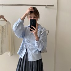DMELD 女款裹身式斜線蕾絲點綴開襟V領長袖襯衫