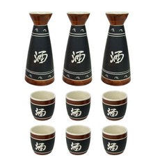 五體安樂A黑色圖案陶瓷酒瓶+酒杯 2入組, 3套, 瓶子 3p + 玻璃 6p