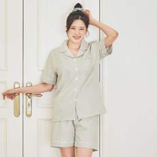 cielstory 女款涼感都市格紋翻領睡衣上下套裝
