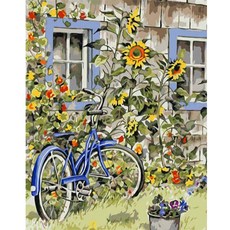 알로데 자전거를 탄 플라워 풍경 벽 장식 DIY 보석십자수 30 x 40 cm, NO 09, 1개