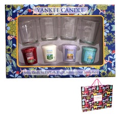 YANKee CANDLe Votive蠟燭4種 + 透明燭杯4入 禮盒組 + 提袋, 黑櫻桃, 潔淨棉, 檸檬薰衣草, 巴哈馬微風