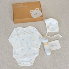 베이비앤아이 유아용 사계절 배냇슈트 + 모자 + 딸랑이 선물세트, 배미블루, 1세트