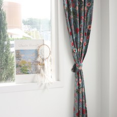 AND COTTON 花朵圖案亞麻窗簾, 藍色