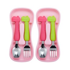 tgm 嬰兒副食品矽膠湯匙湯匙+叉子+餐具盒 第1階段, 粉色, 2組