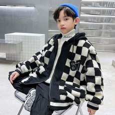 Papayaene男童款棋盤格連帽羊毛蓬鬆厚外套