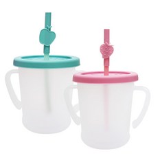 AGAFURA Magic系列雙耳防漏吸管杯 S 300ml 2入+水果造型矽膠護嘴套 2入 隨機出貨, 薄荷綠+粉色, 1組