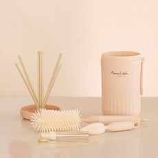 MomnLittle 嬰兒便攜式奶瓶清潔組 柔和桃, 奶瓶乾燥架+奶瓶清潔刷+奶嘴清潔刷+吸管清潔刷+奶瓶清潔劑容器