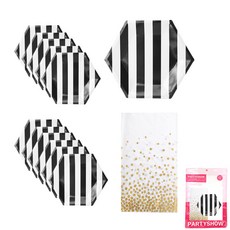 PARTYSHOW 條紋盤子 20cm 黑色 12入+桌巾 金色圓點, 1套