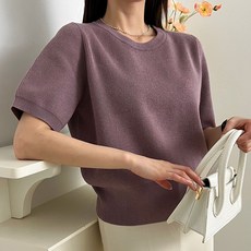 針織女款寬鬆柔軟羅紋Grinya圓領短袖針織衫