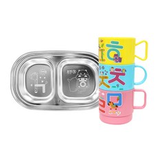 LE BARN 韓文字母點心杯 3入+不鏽鋼分隔餐盤, 混色, 1組