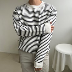 男士寬鬆版型可水洗柔軟條紋圓領針織衫