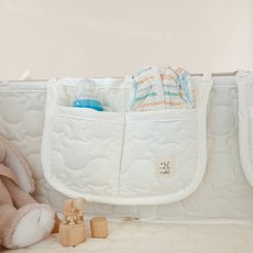 AiRabbit 幼兒小熊絎縫床邊口袋 2格收納袋, 奶油象牙白, 1個