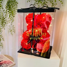 LOVELY FARM 花朵熊玩偶 + 專用盒 + 緞帶裝飾 + LED燈泡 + 字母貼紙 全套組 生日 L, 紅色, 1個