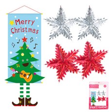 PARTYSHOW 聖誕節橫幅掛軸樹 + 銀箔雪景掛飾 銀色2入 + 紅色2入組合, 混合顏色, 1個