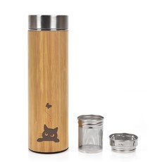 貓咪圖案附茶網竹殼不鏽鋼保溫瓶, 混色, 350ml