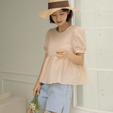 빼빼 여성용 잔체크 퍼프소매 반팔 블라우스